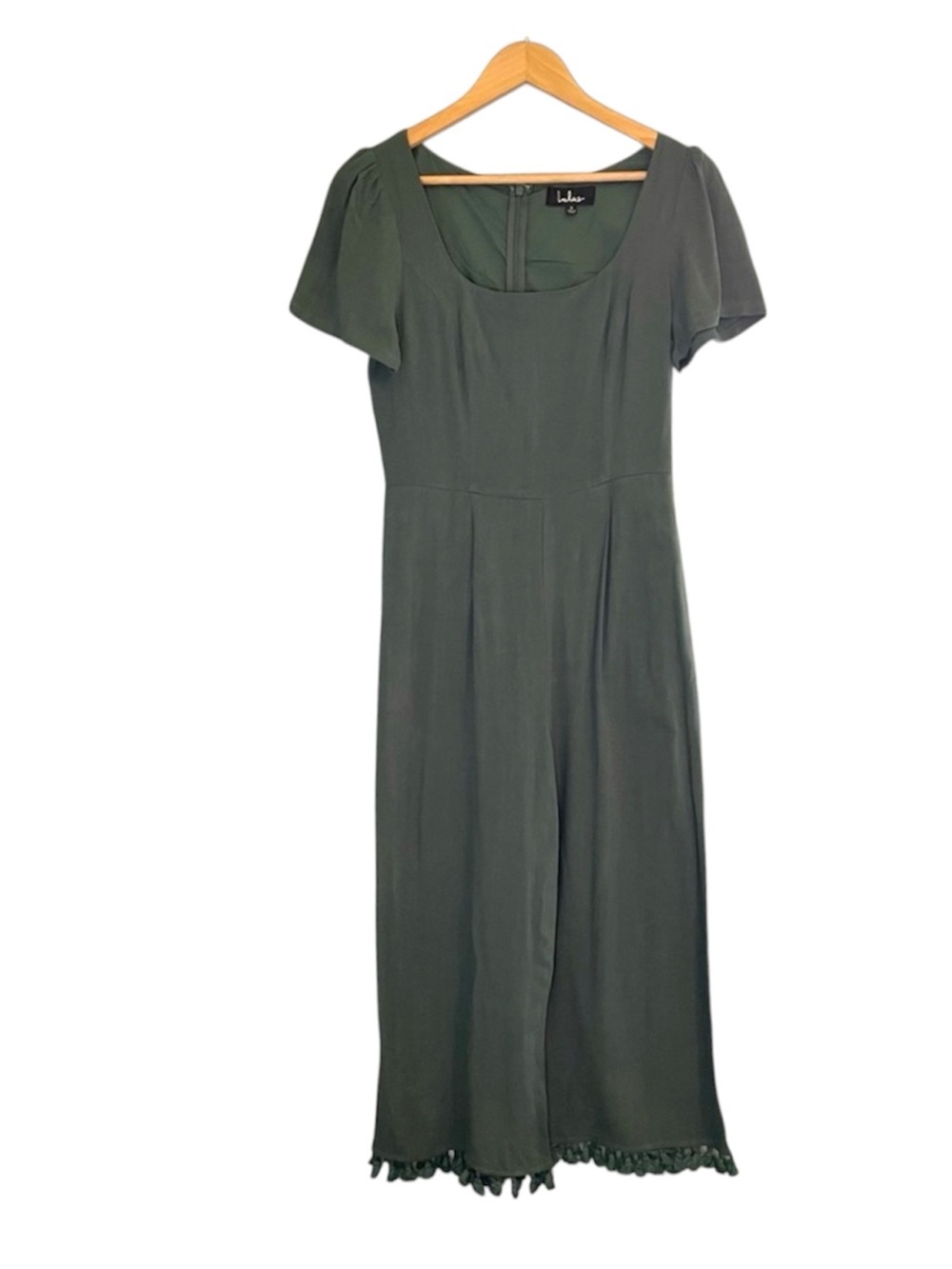 Lulus Leisure Olive Green Short Sleeve Linen Blend Tasseled Culotte Jumpsuit - Picture 4 of 5